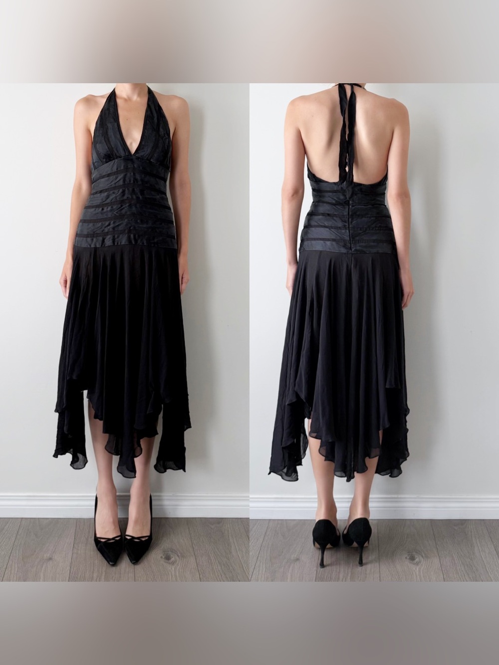 BCBGMAXAZRIA black 100% silk asymmetrical halter dress